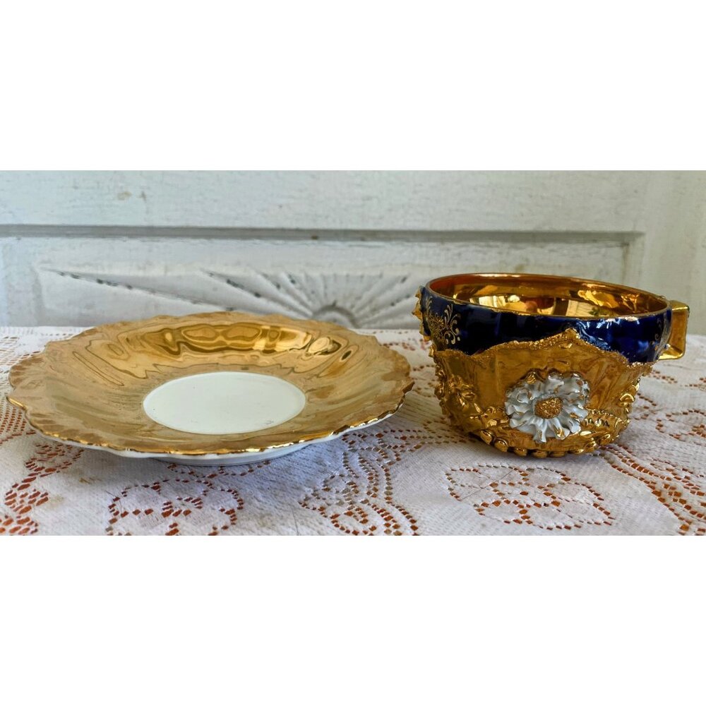 Antique German Porcelain Teacup Saucer Heavy Gold Cobalt Blue 3D Flower - Picture 15 of 16